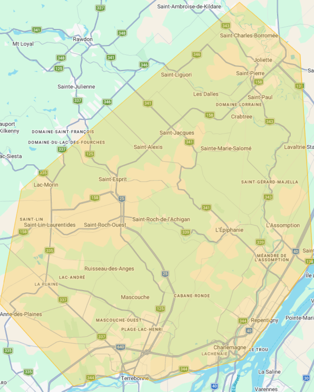 Carte de la zone desservie par LTM Entretien sur la Rive-Nord de Montréal et dans Lanaudière